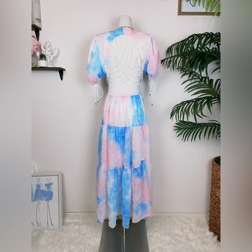 Elliatt Reflection Color Dye Laced Up Open Back Midi Dress Pink Blue Multi - Picture 3 of 10